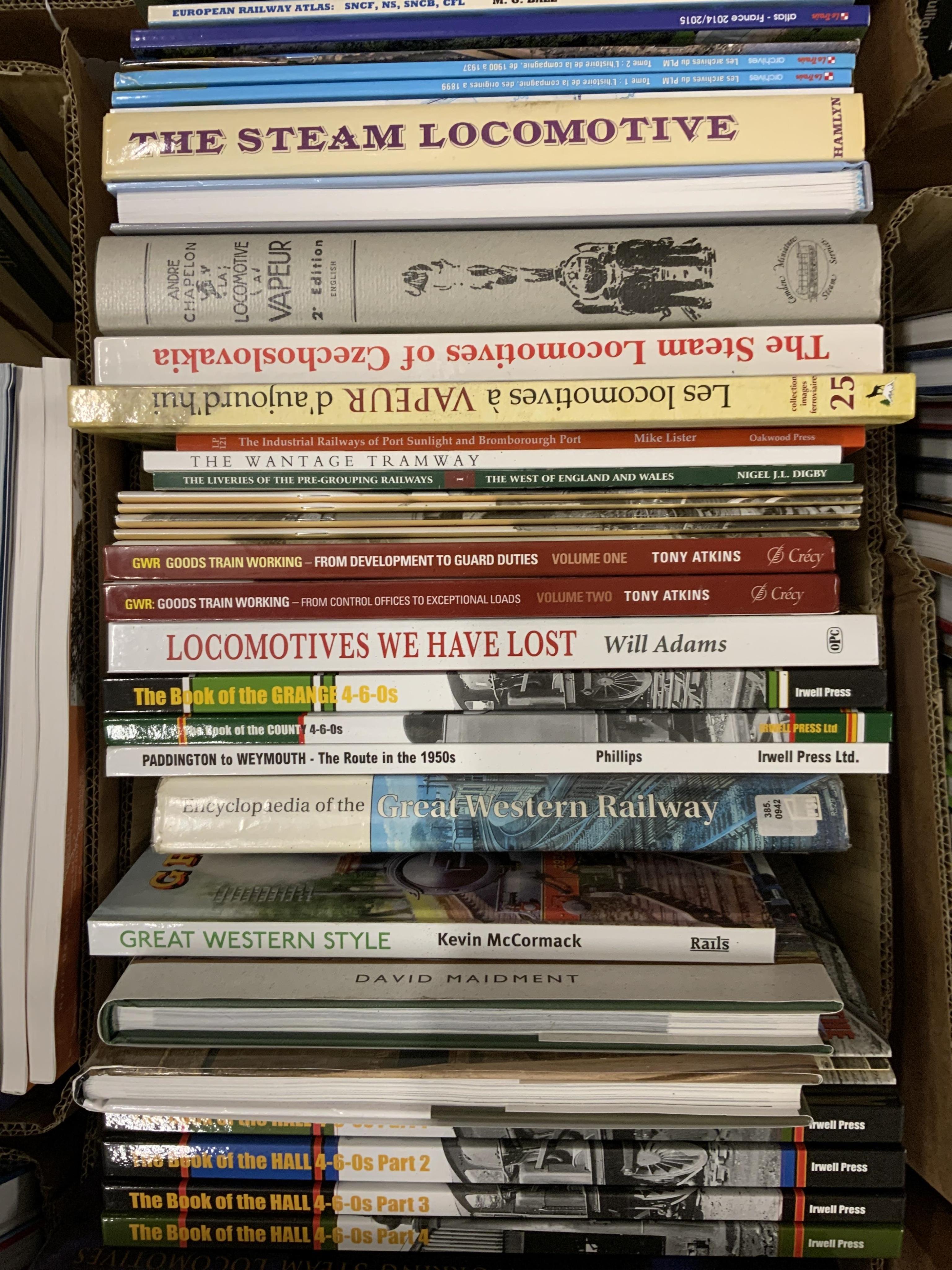 Eight boxes of railway related books, subjects include; Scottish steam, diesel locomotives, electric locomotives, Great Western Railway locomotives, Union Pacific locomotives, Bradshaw’s guides, etc. publishers include;